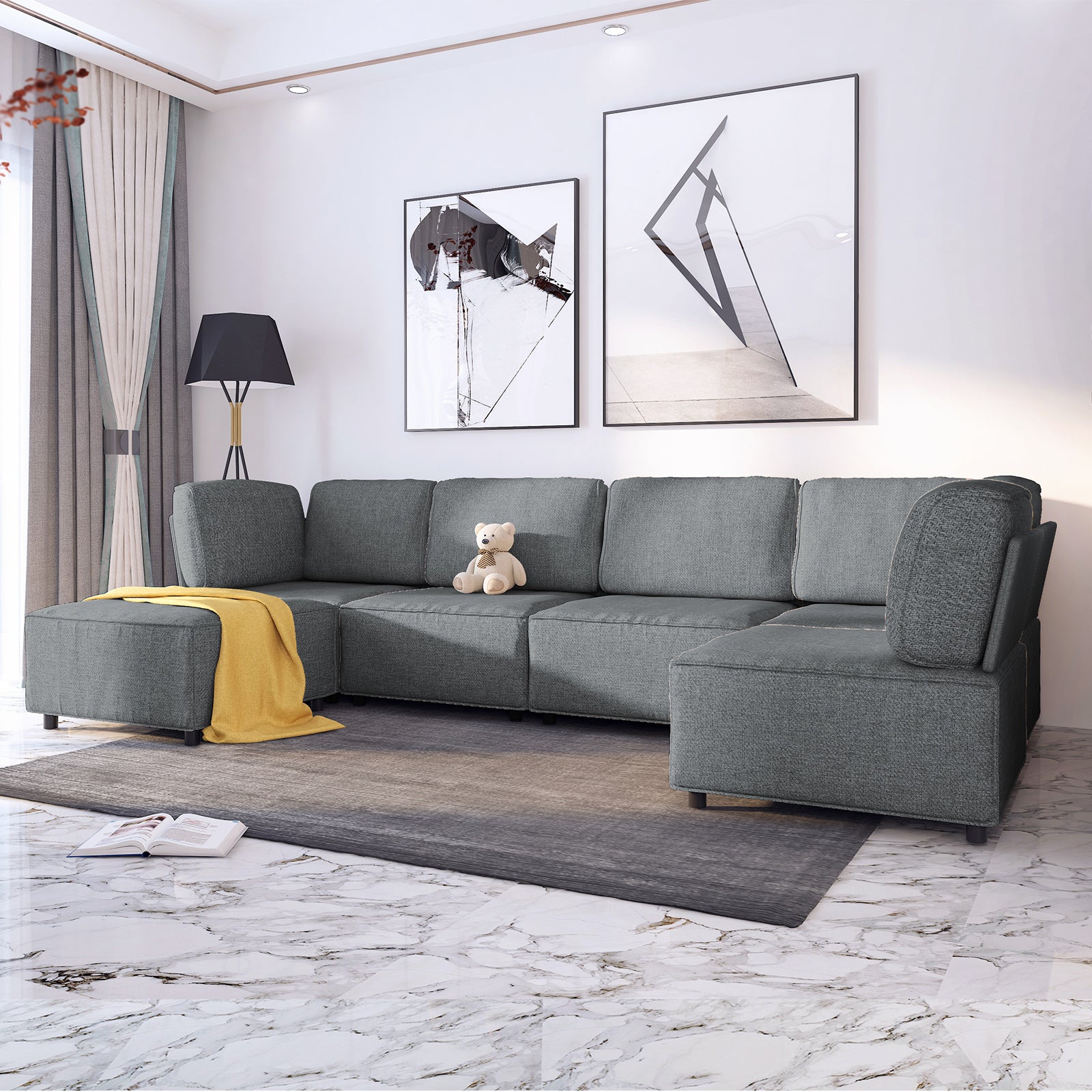 Cecer U/L Shaped Modular Convertible Sectional Sofa with Ottoman