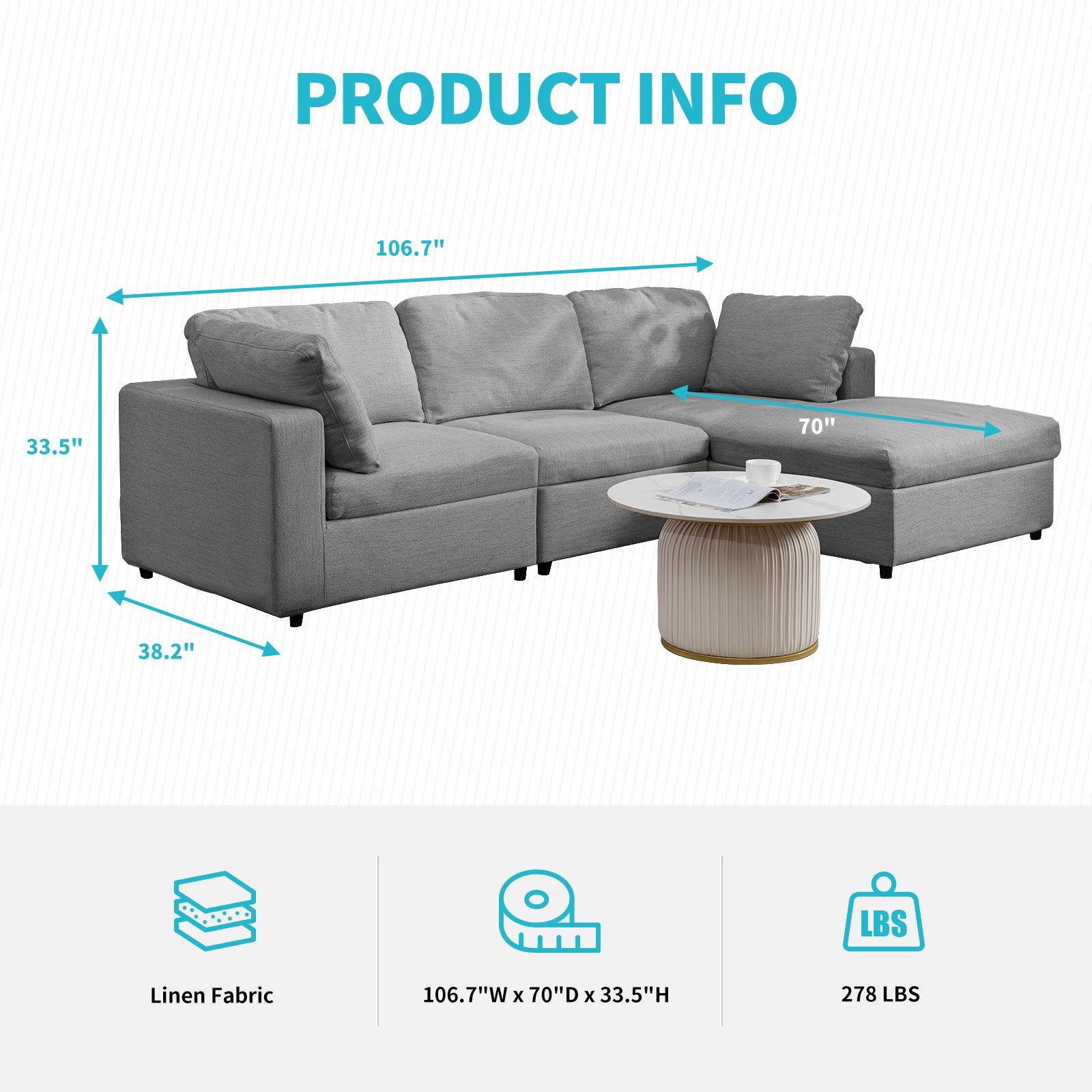 Cecer 107" Right Chaise L Shaped Sectional Sofa with 2 Free Cushions, Extra Large Sofa Couch with Linen Fabric & 6" High Resilience Foam for Living Room