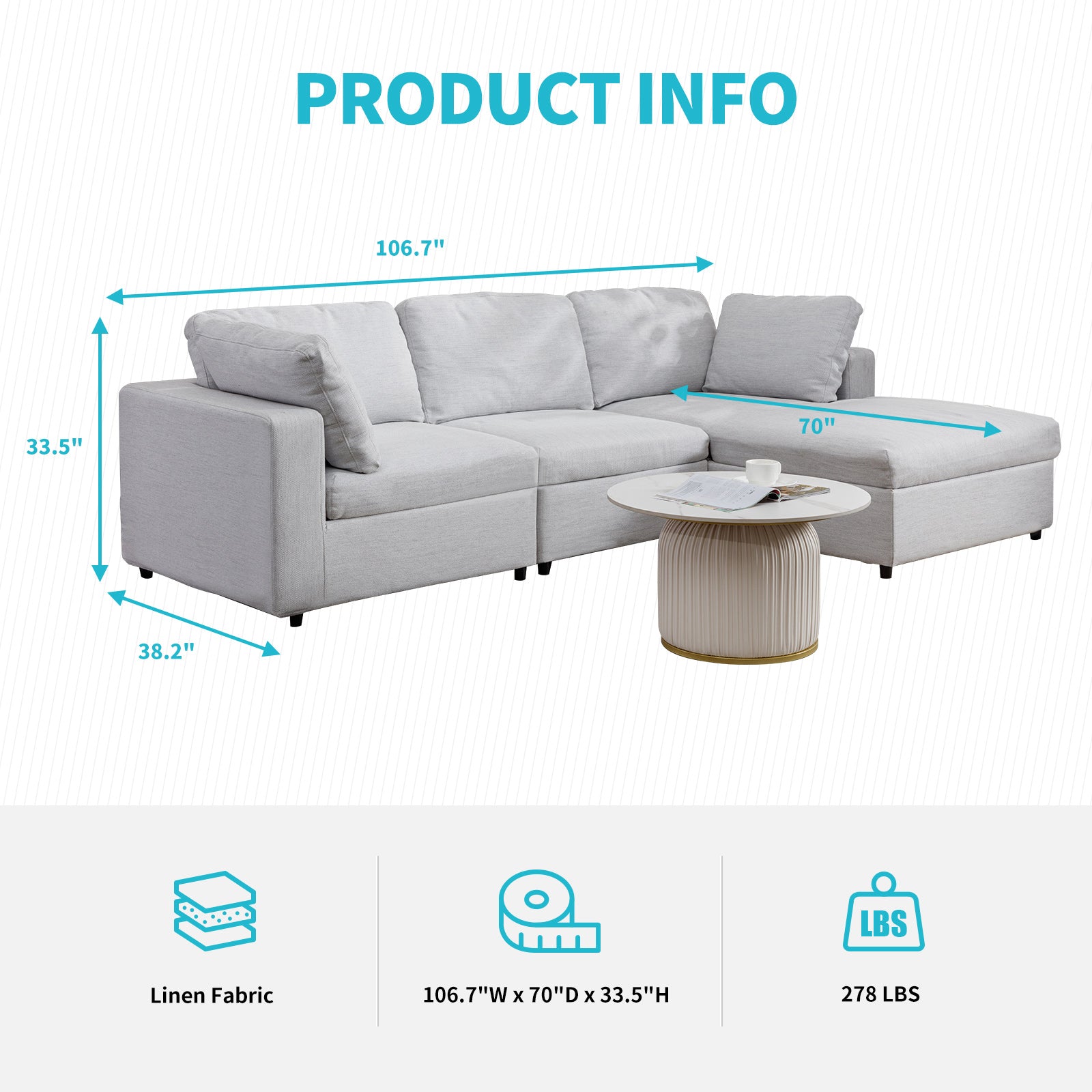 Cecer 107" Right Chaise L Shaped Sectional Sofa with 2 Free Cushions, Extra Large Sofa Couch with Linen Fabric & 6" High Resilience Foam for Living Room
