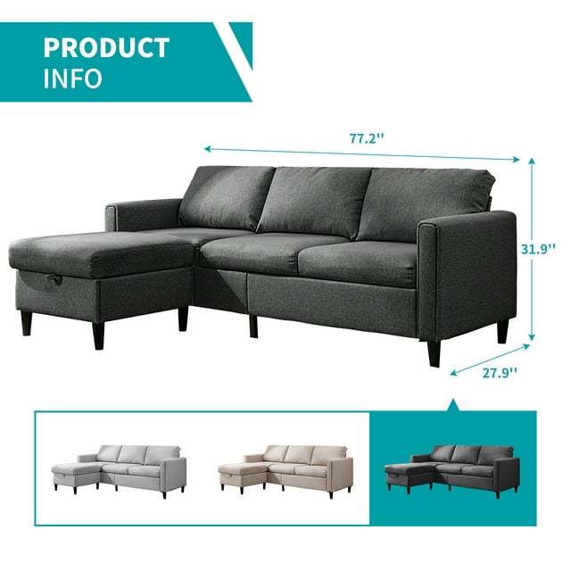CECER Sectional Sofa with Storage Ottoman, Linen Fabric Convertible L-Shaped Sofa for Living Room, Small Place