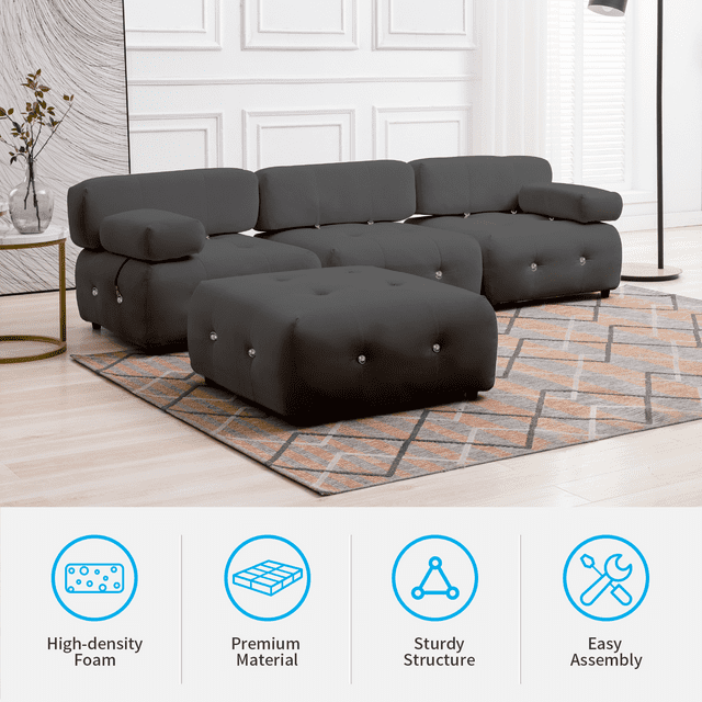 Cecer 99"W L Shaped Velvet Sectional Sofa with Reversible Chaise,Free Combination Ottoman, 4 Seater Modular Sectional Sofa with Rivet Trim, Convertible Sofa Couches for Living Room