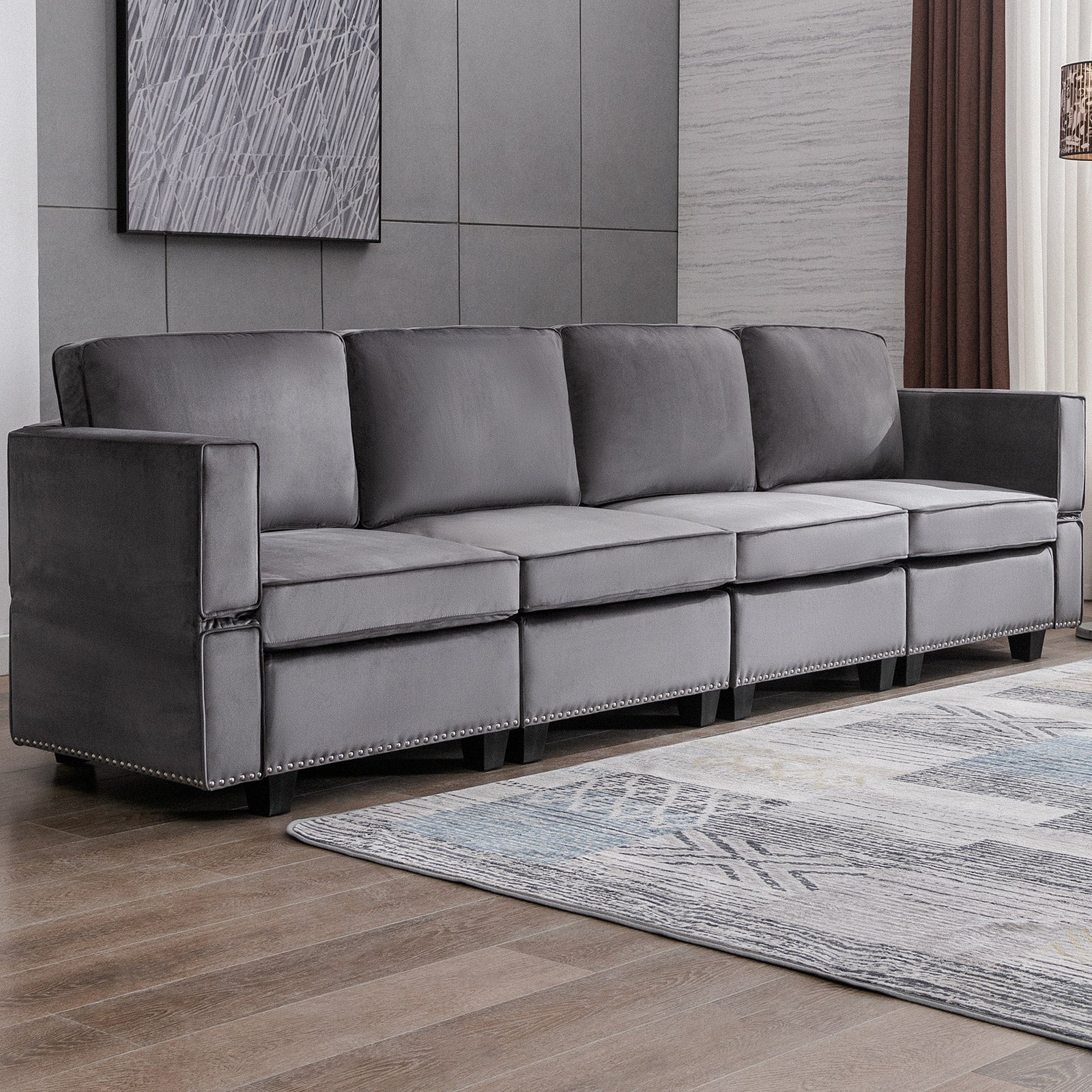 Cecer Velvet Upholstered Modular Sectional Sofa Set With Storage Ottoman