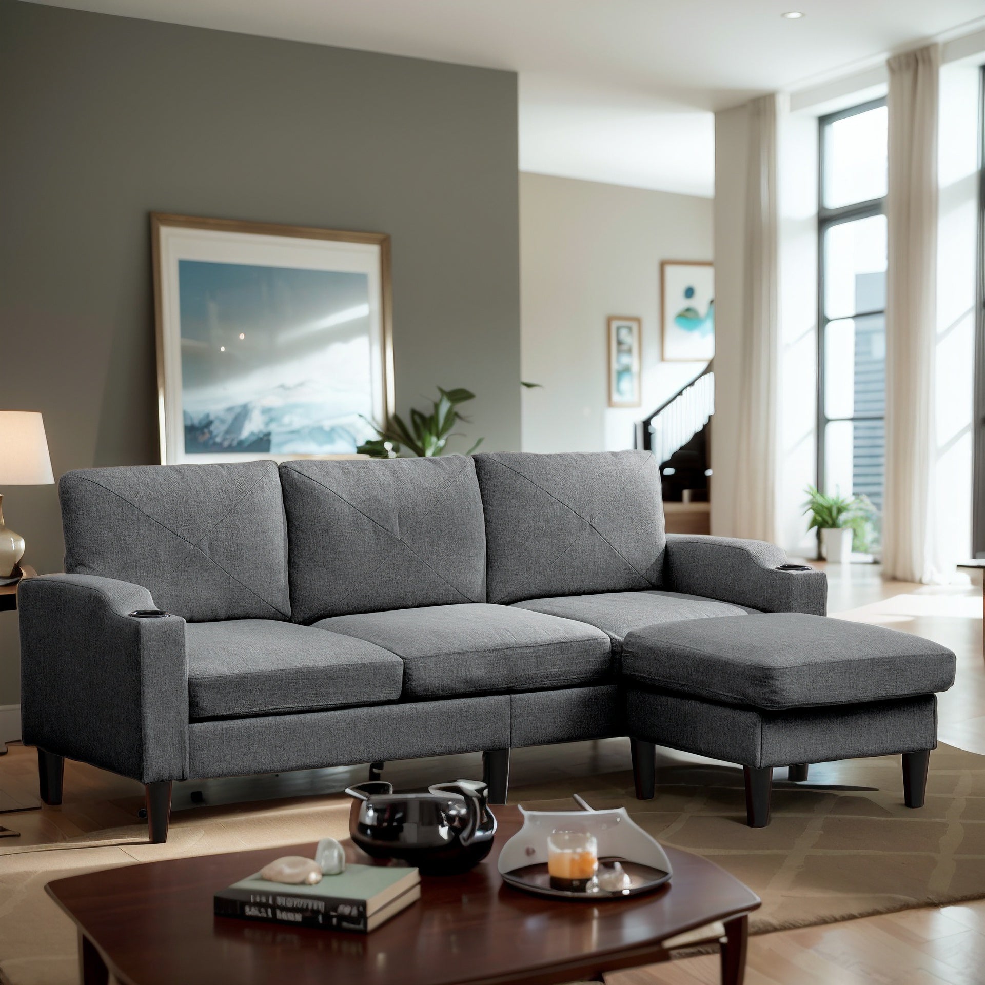 Cecer Sectional Sofa with Storage Ottoman, 3-Seat L-Shaped Couch with Cup Holders for Living room, Small Space