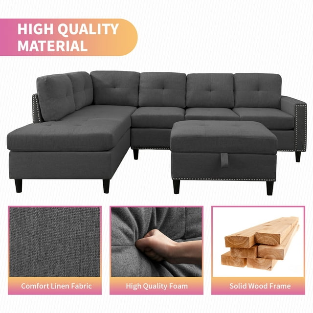 CECER L Shaped Sectional Sofa with Left Hand Facing Chaise,Free Combination Ottoman, Modular Sectional Sofa with Rivet Trim,Upholstered Sofa Couches for Living Room,Dark Grey