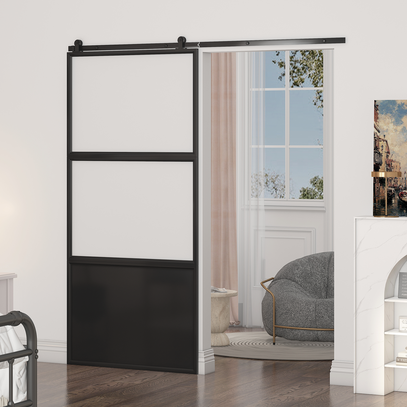 Cecer Minimalist Style Metal Barn Door, Track Sliding Door with Hardware Components, Silent Barn Door with Frosted Tempered Glass, Easy to Install