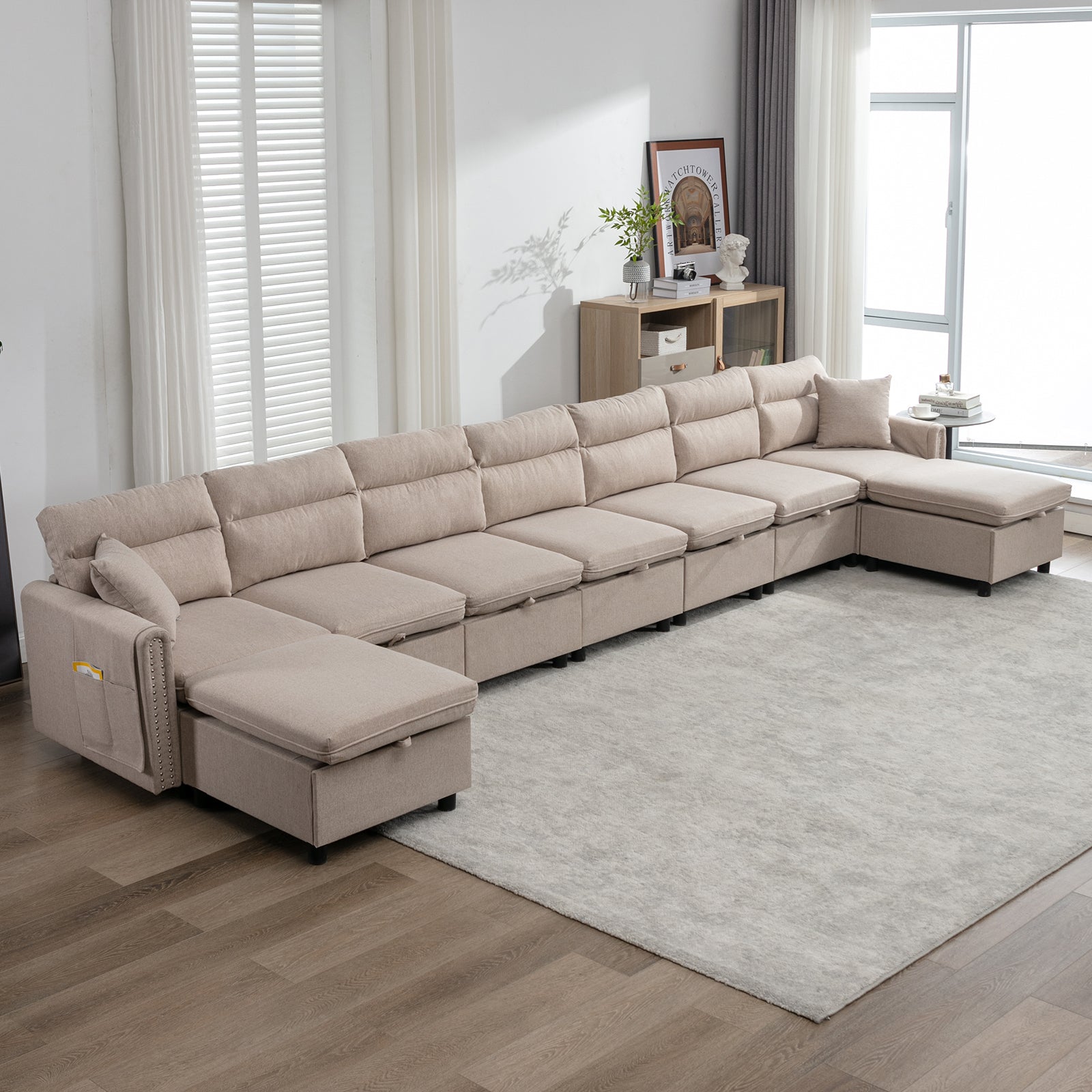 Cecer Sectional Sofa with Storage Seat and Side Pockets, Sectional Couch with Reversible Chaise, Modular Sectional Sofa Set with Linen Upholstered, Modern Living Room Sets