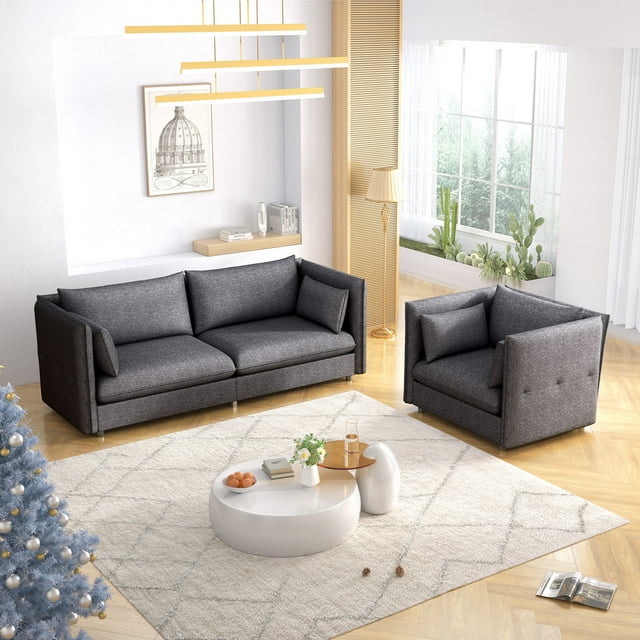 CECER 2 Pieces of Living Room Furniture Set, Modern Linen Sectional sofa include 3-Seater Sofa & Single sofa chair, Convertible Sofa Couch with Adjustable Armrests for Living Room