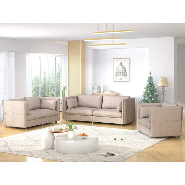CECER 2 Pieces of Living Room Furniture Set, Modern Linen Sectional sofa include 3-Seater Sofa & Single sofa chair, Convertible Sofa Couch with Adjustable Armrests for Living Room