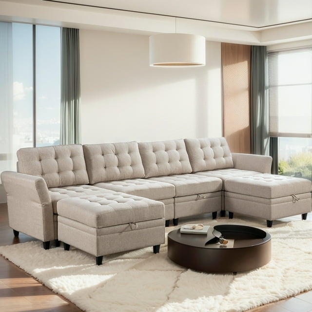 Cecer Convertible Sectional Sofa with Storage Ottomans, U-Shaped Modular Sofa with Adjustable Armrests for Living Room