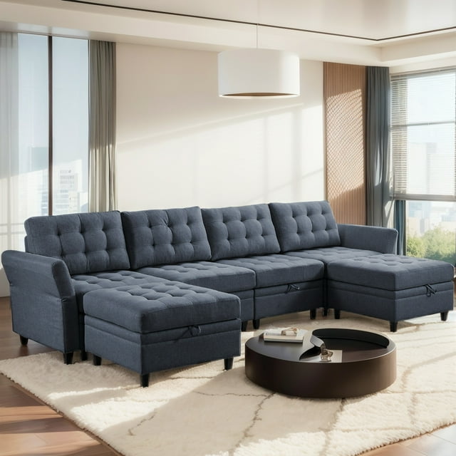 Cecer Convertible Sectional Sofa with Storage Ottomans, U-Shaped Modular Sofa with Adjustable Armrests for Living Room
