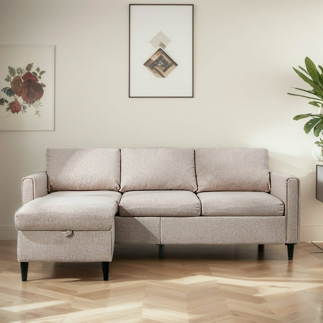 CECER Sectional Sofa with Storage Ottoman, Linen Fabric Convertible L-Shaped Sofa for Living Room, Small Place