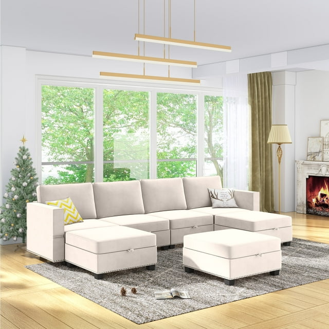 CECER Modular Sectional Sofa, Convertible U L Shaped Sleeper Sofa, Convertible Sectional Sofa Couch Set with Storage Large Space，6 Seater Furniture Sets for Living Room/Apartments