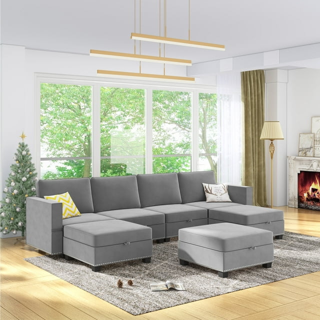 CECER Modular Sectional Sofa, Convertible U L Shaped Sleeper Sofa, Convertible Sectional Sofa Couch Set with Storage Large Space，6 Seater Furniture Sets for Living Room/Apartments