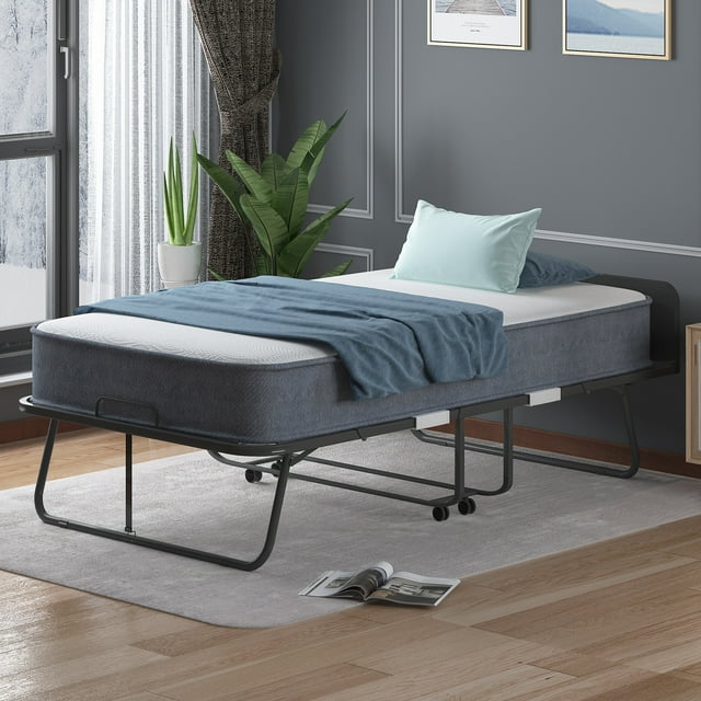 Cecer Folding Bed with Mattress,Portable Foldable Roll Away Adult Bed for Guest,Fold up Bed with Memory Foam Mattress, Firm Bed Frame with Baffle