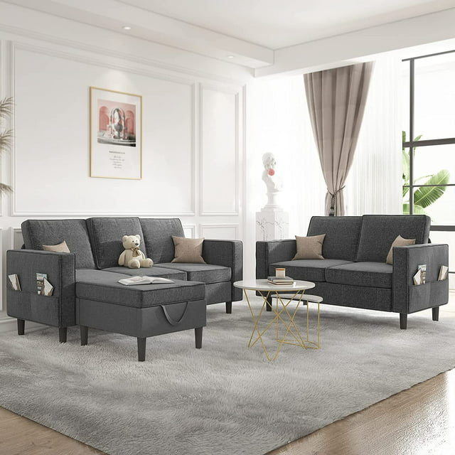 Cecer Convertible Sectional Sofa Couch with Storage Ottoman, 3 Pcs Couch Set with Storage Pockets