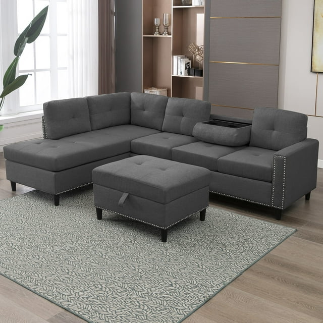 CECER L Shaped Sectional Sofa with Left Hand Facing Chaise,Free Combination Ottoman, Modular Sectional Sofa with Rivet Trim,Upholstered Sofa Couches for Living Room,Dark Grey
