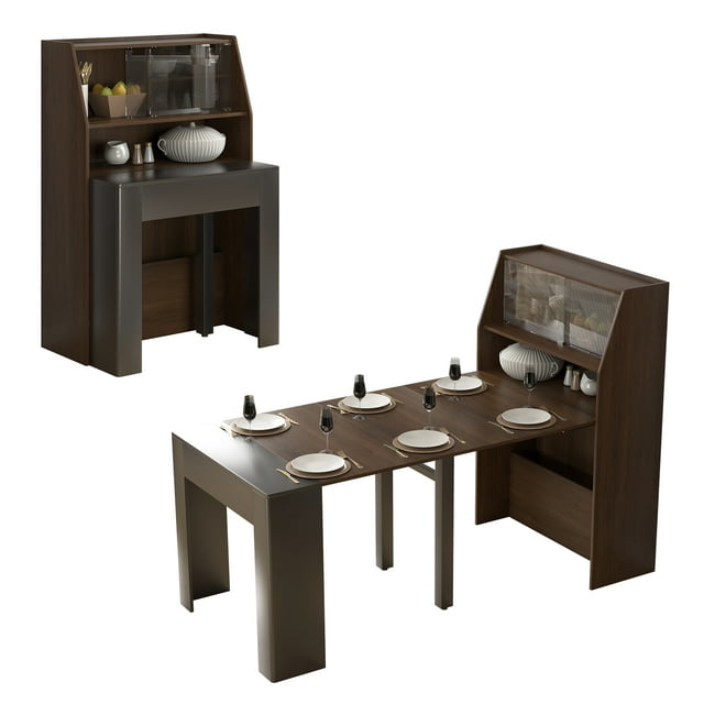 Cecer Modern Folding Dining Table with Storage and Shelves,Extendable Dinning Table for Small Spaces