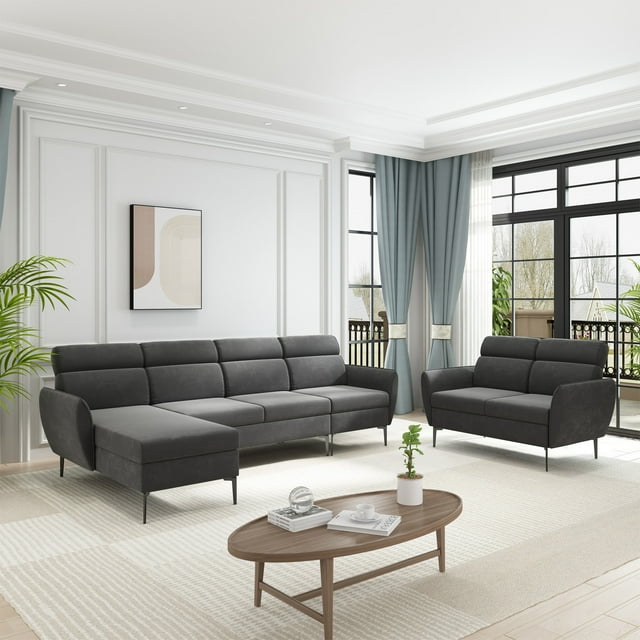 CECER Sectional Sofa Sets for Living Room, Linen Fabric Sofa with Metal legs, Upholstered L-shaped Sofas and Couches