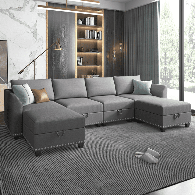 Cecer U Shaped Sectional Sofa with Storage, 6 Seater Modular Sectional Sofa