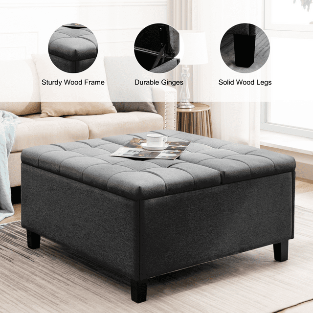 CECER Large Square Storage Ottoman with Lift Top Tufted Upholstered Ottoman Coffee Table for Living Room