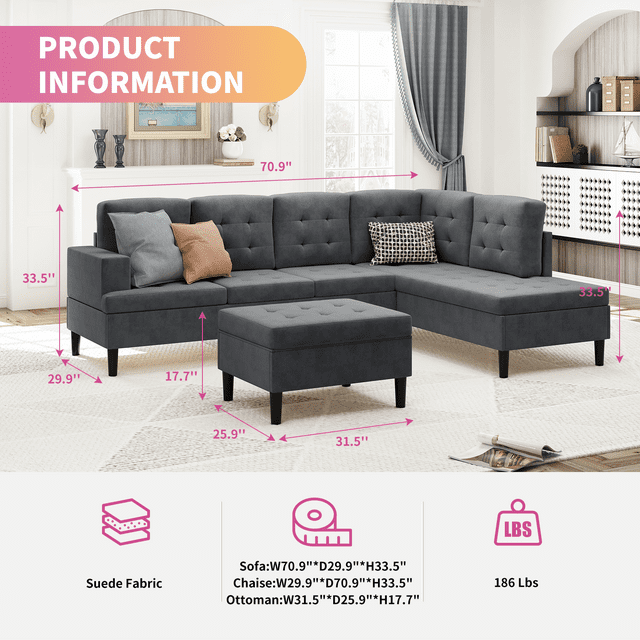 Cecer Modular Sectional Couch, U Shaped Modular Sofa with Storage Ottoman, Modern Convertible Sectional Sofa Set with Chaise Lounge for livingroom, office, Livingroom Furniture, Grey