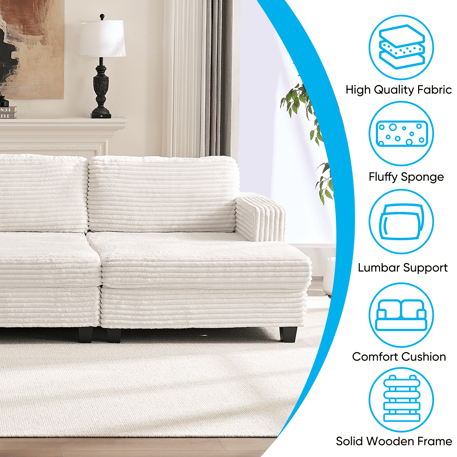 ZAFLY 120” Oversized Sectional sofa, Deep Seat Couch with Wider Armrests, Corduroy Sleeper Sofa for Living Room