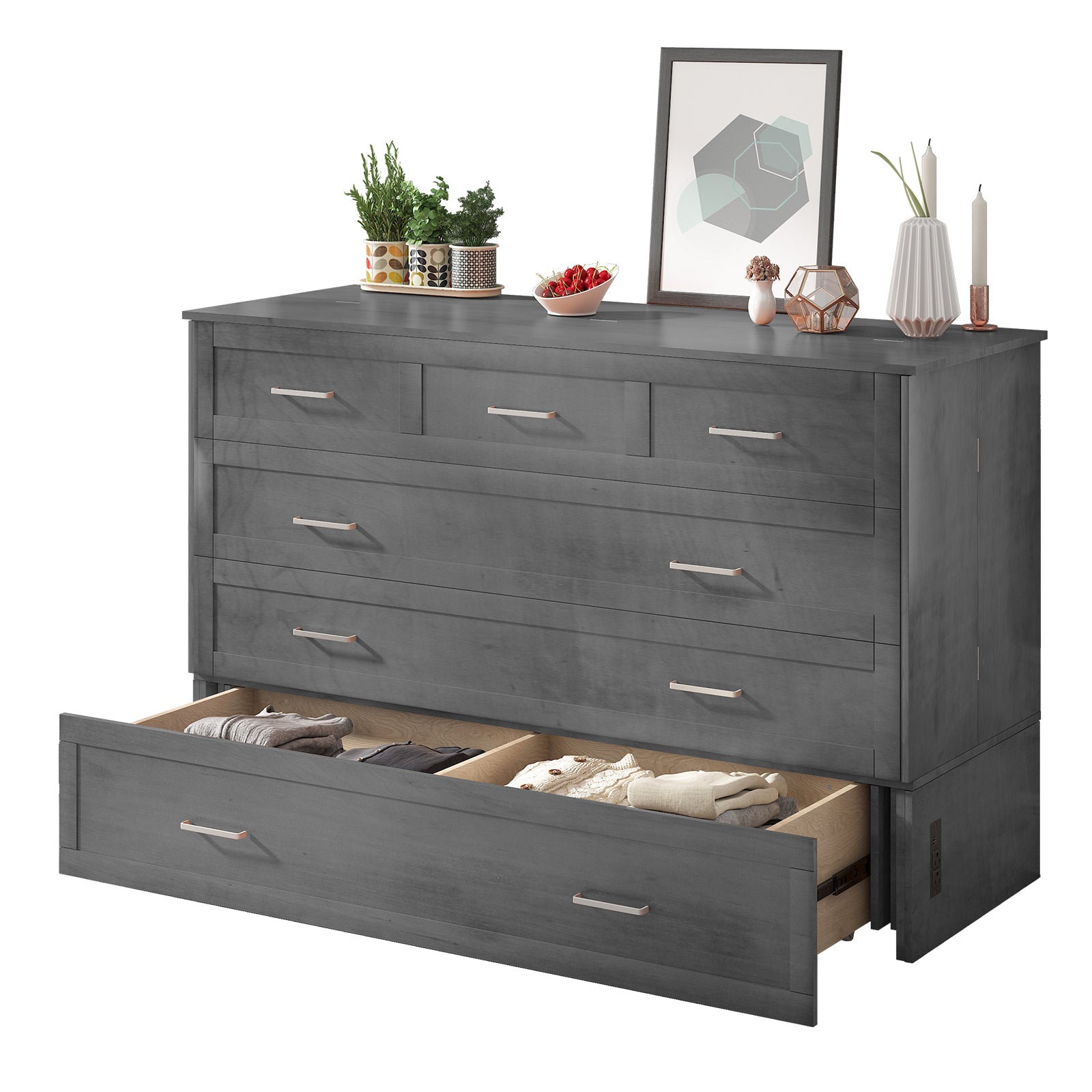 Puremind Queen Murphy Bed with Foam Mattress | Charging Station | Drawer, Foldable Cabinet Bed, Space-Saving Bed for Bedroom/Studio/Guest Room