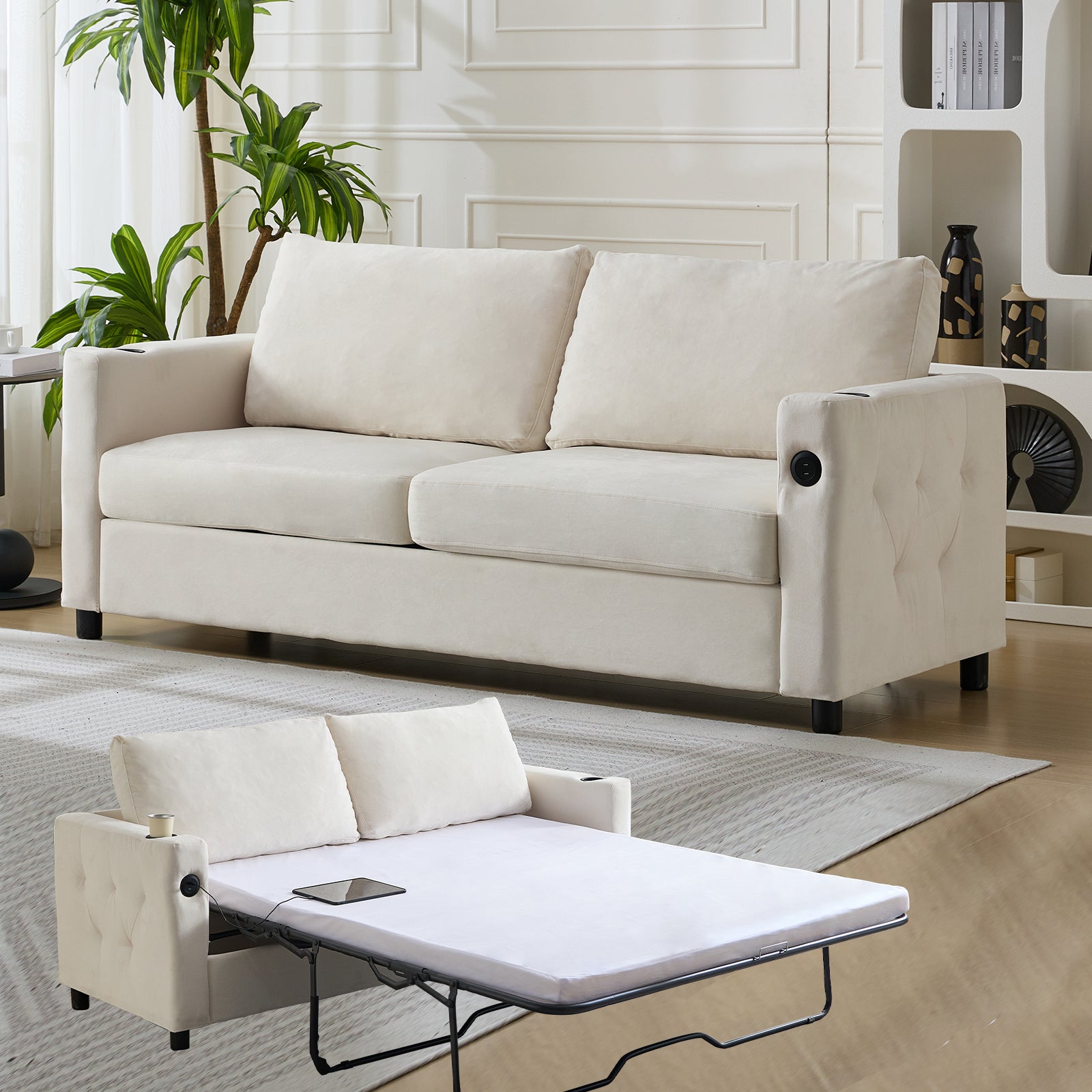 Puremind 2-in-1 Pull Out Sofa Bed,Velvet Sleeper Sofa Couch with Folding Foam Mattress, Loveseat Sleeper Bed with USB & Cup Holders,Pull Out Couch Bed for Living Room/Small Space