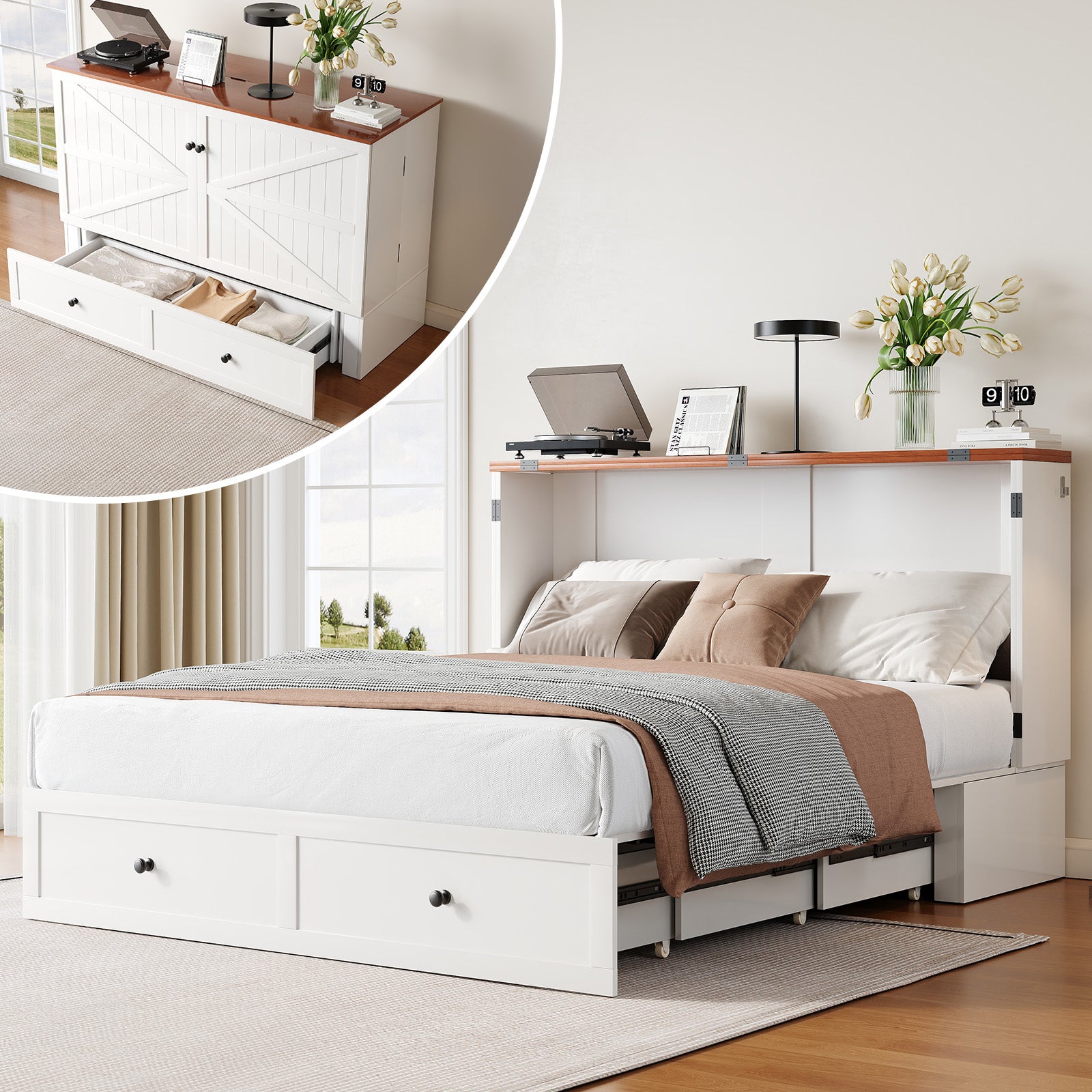 Puremind Queen Size Murphy Bed with Mattress, Murphy Cube Cabinet Bed with USB Charging Station and Large Storage Drawer, Murphy Chest Bed for Guest Room/Home/Office