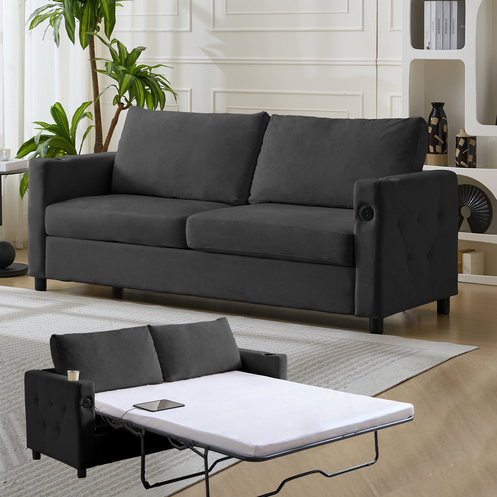 Puremind 2-in-1 Pull Out Sofa Bed,Velvet Sleeper Sofa Couch with Folding Foam Mattress, Loveseat Sleeper Bed with USB & Cup Holders,Pull Out Couch Bed for Living Room/Small Space