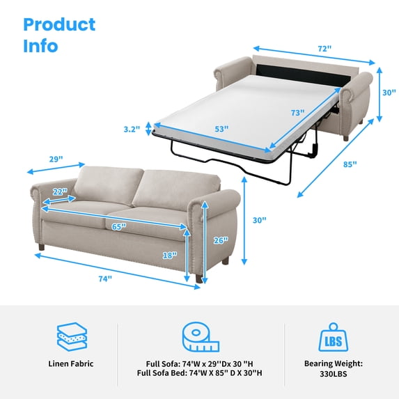 Mjkone Queen Size Convertible Pull Out Sleeper Sofa Bed with Mattress for Living Room, Apartment or Office