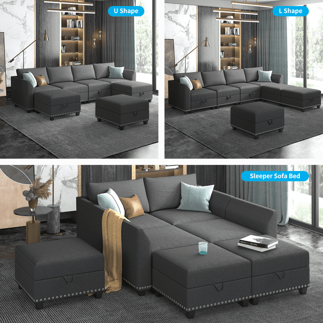 Cecer U Shaped Sectional Sofa with Storage, 6 Seater Modular Sectional Sofa