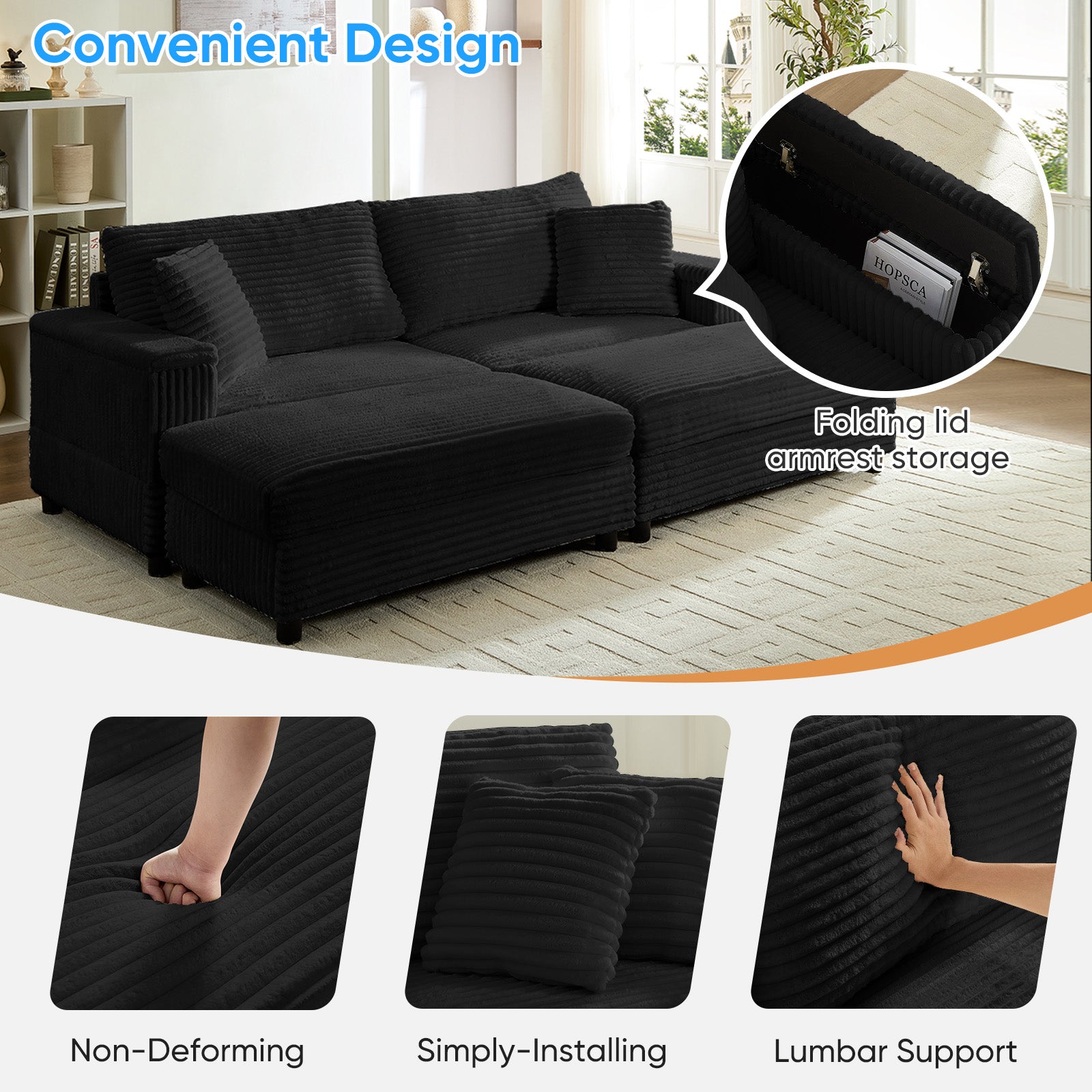 BALUS Oversized Chaise Sofa with Wide Storage Ottoman, Modern Deep Seat Sofa Bed for Living room/ Bedroom, Comfy Apartment Sleeper Sofa, Corduroy