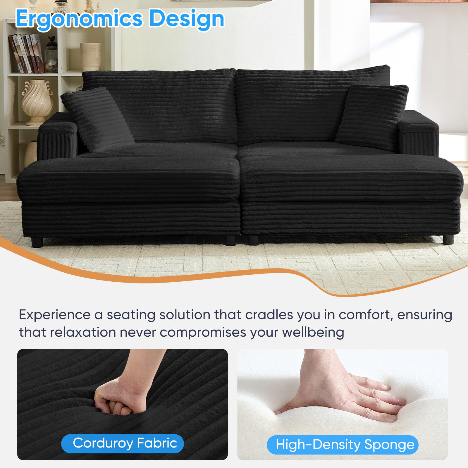 BALUS Oversized Chaise Sofa with Wide Storage Ottoman, Modern Deep Seat Sofa Bed for Living room/ Bedroom, Comfy Apartment Sleeper Sofa, Corduroy