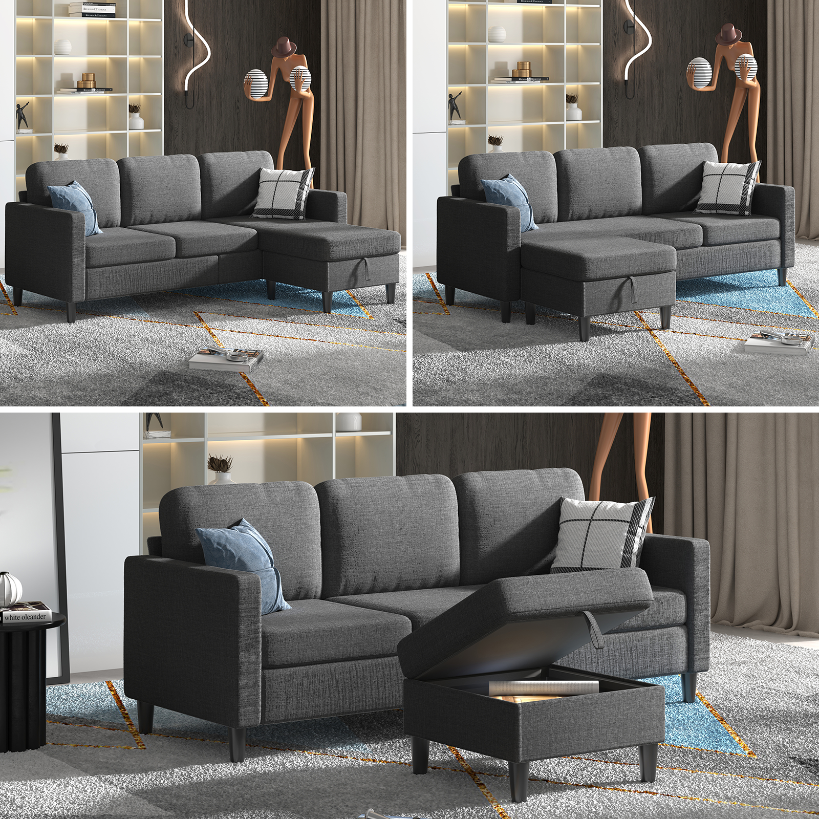 MUZZ Sectional Sofa with Movable Storage Ottoman, Small L-Shaped Sectional Couch for Living Room/Apartment/Small Space