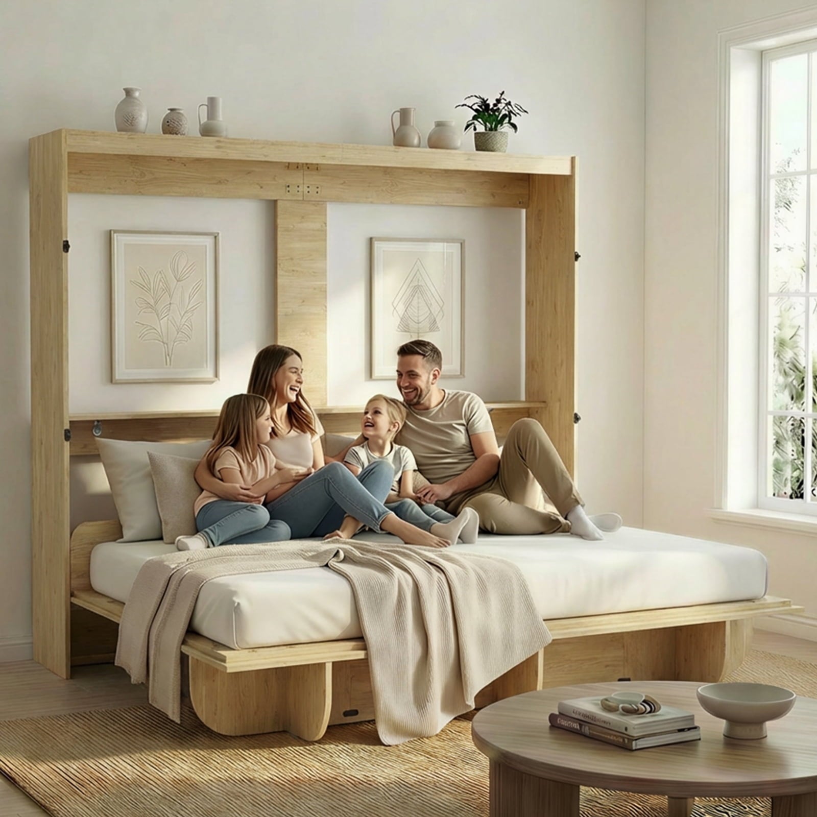 Mjkone Murphy Wall Bed Queen Size,Wall Bed with Shelves,Multifunctional Murphy Bed for Small Space/Bedroom/Guest Room,White