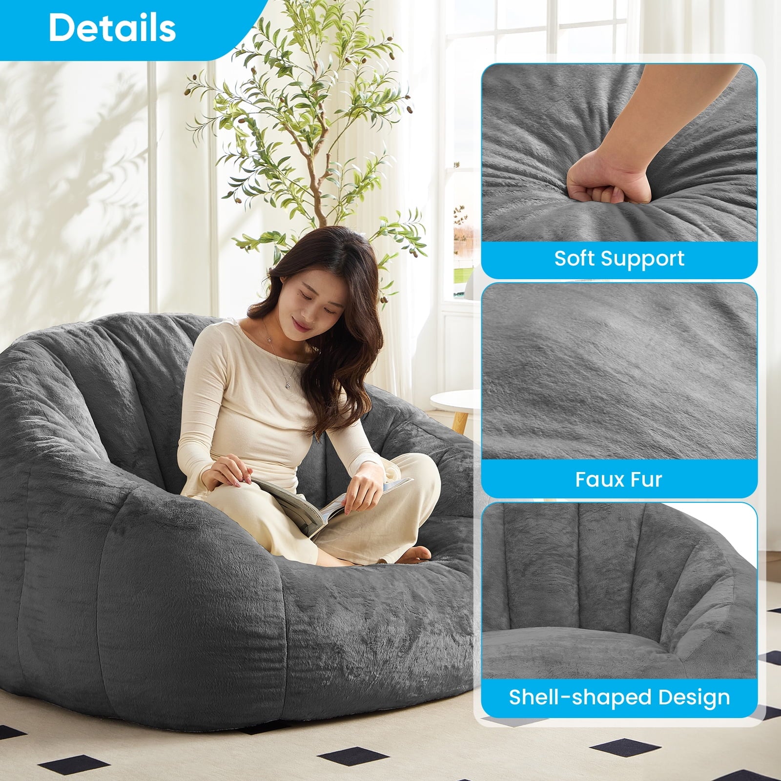 ZAFLY Oversized Bean Bag Chair for Adults, Faux Fur Large Comfy Chair, Big Lazy Sofa Chair Floor Sofa for Gaming