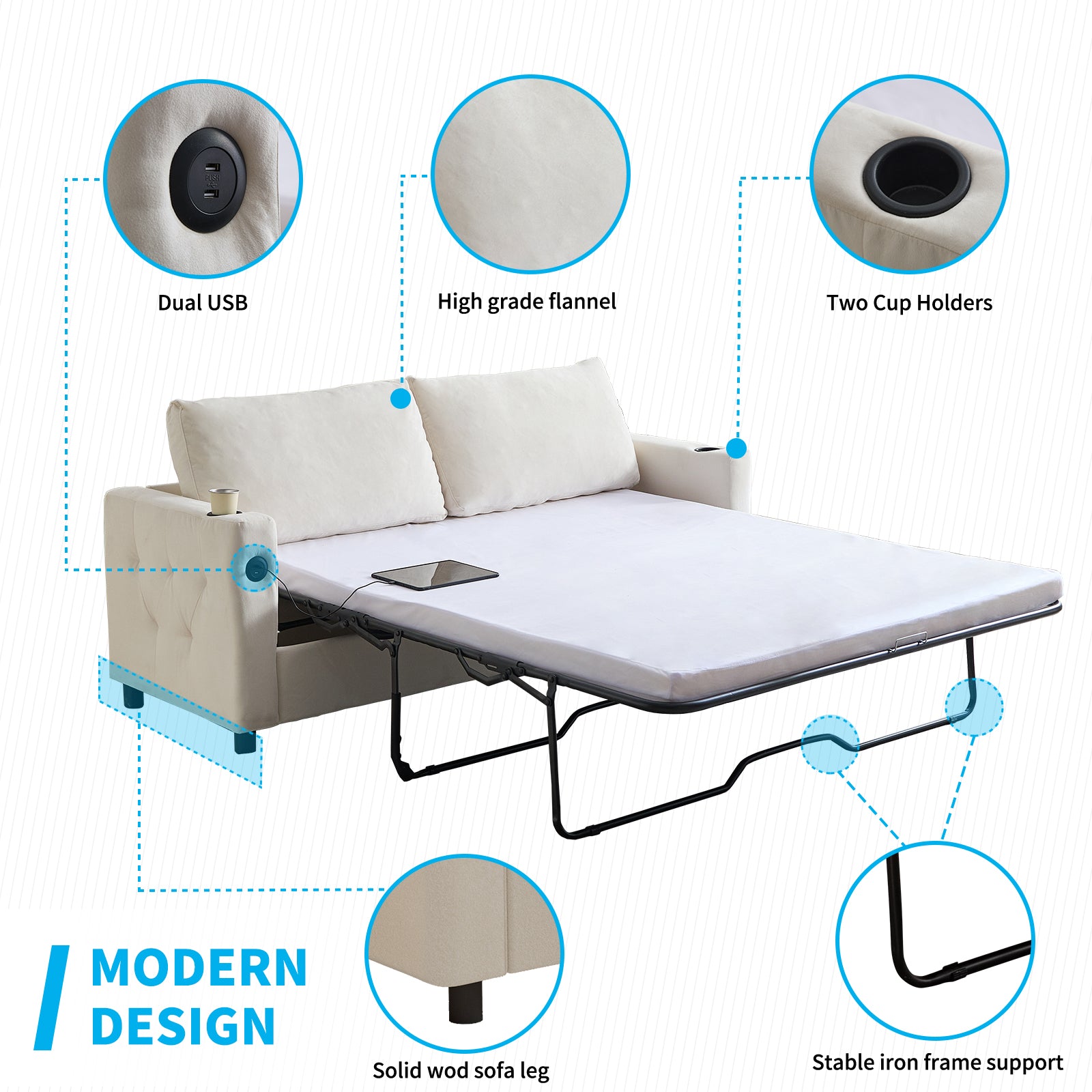 Puremind 2-in-1 Pull Out Sofa Bed,Velvet Sleeper Sofa Couch with Folding Foam Mattress, Loveseat Sleeper Bed with USB & Cup Holders,Pull Out Couch Bed for Living Room/Small Space