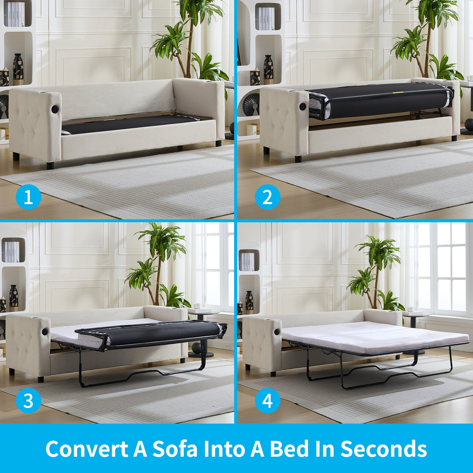 Puremind 2-in-1 Pull Out Sofa Bed,Velvet Sleeper Sofa Couch with Folding Foam Mattress, Loveseat Sleeper Bed with USB & Cup Holders,Pull Out Couch Bed for Living Room/Small Space