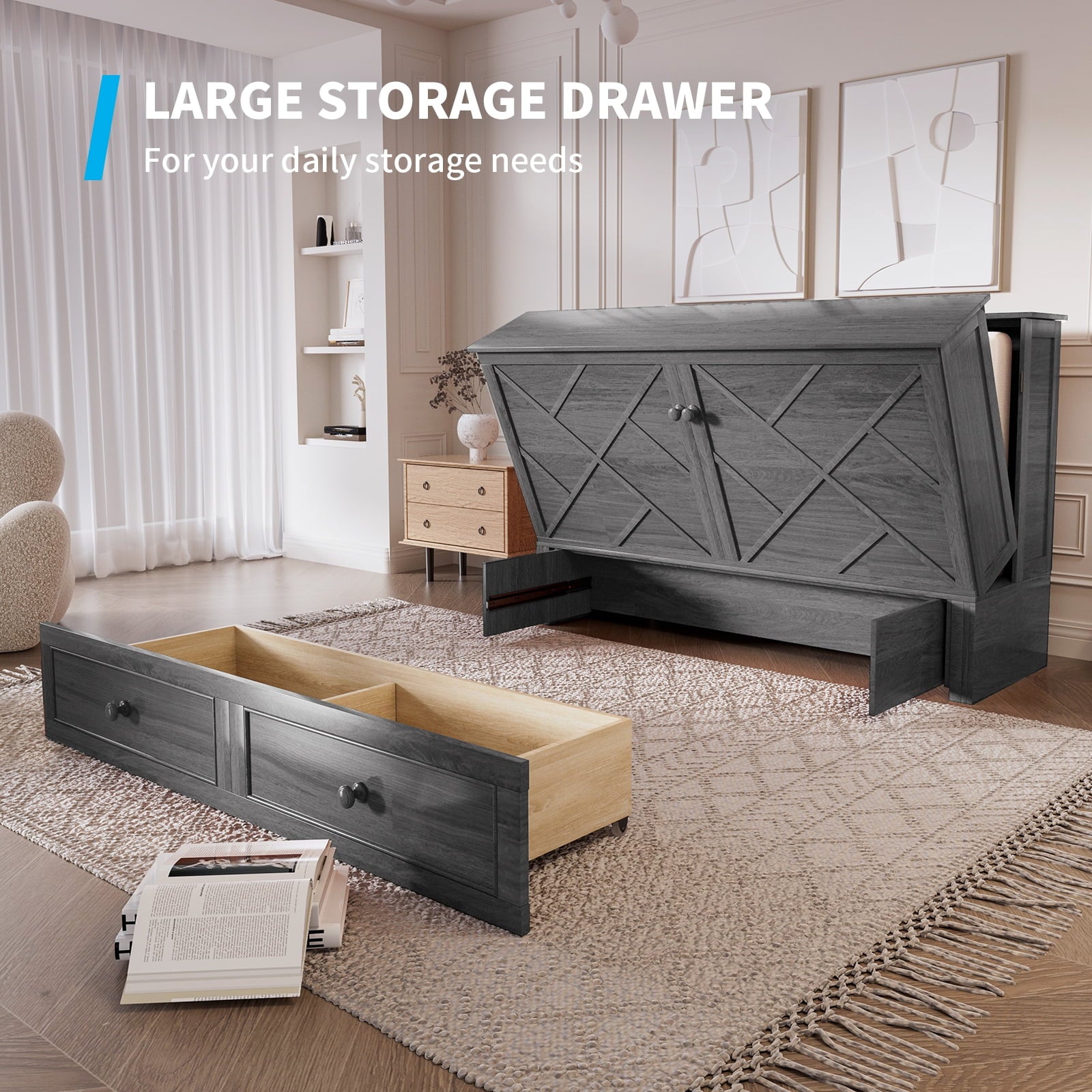 Puremind Queen Size Murphy Bed with Mattress, Murphy Cube Cabinet Bed with USB Charging Station and Large Storage Drawer, Murphy Chest Bed for Small Guest Room/Home/Office,