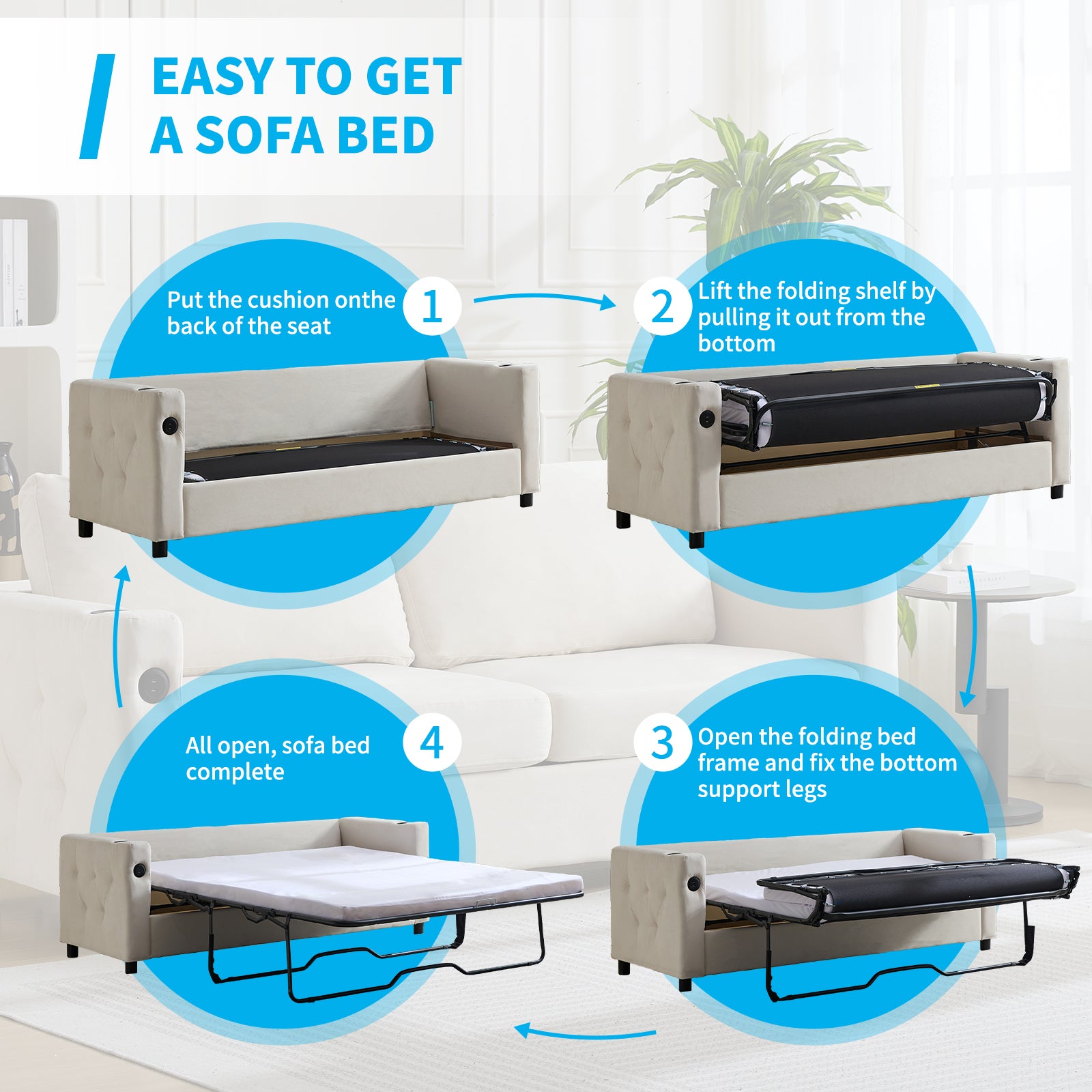 Puremind 2-in-1 Pull Out Sofa Bed,Velvet Sleeper Sofa Couch with Folding Foam Mattress, Loveseat Sleeper Bed with USB & Cup Holders,Pull Out Couch Bed for Living Room/Small Space
