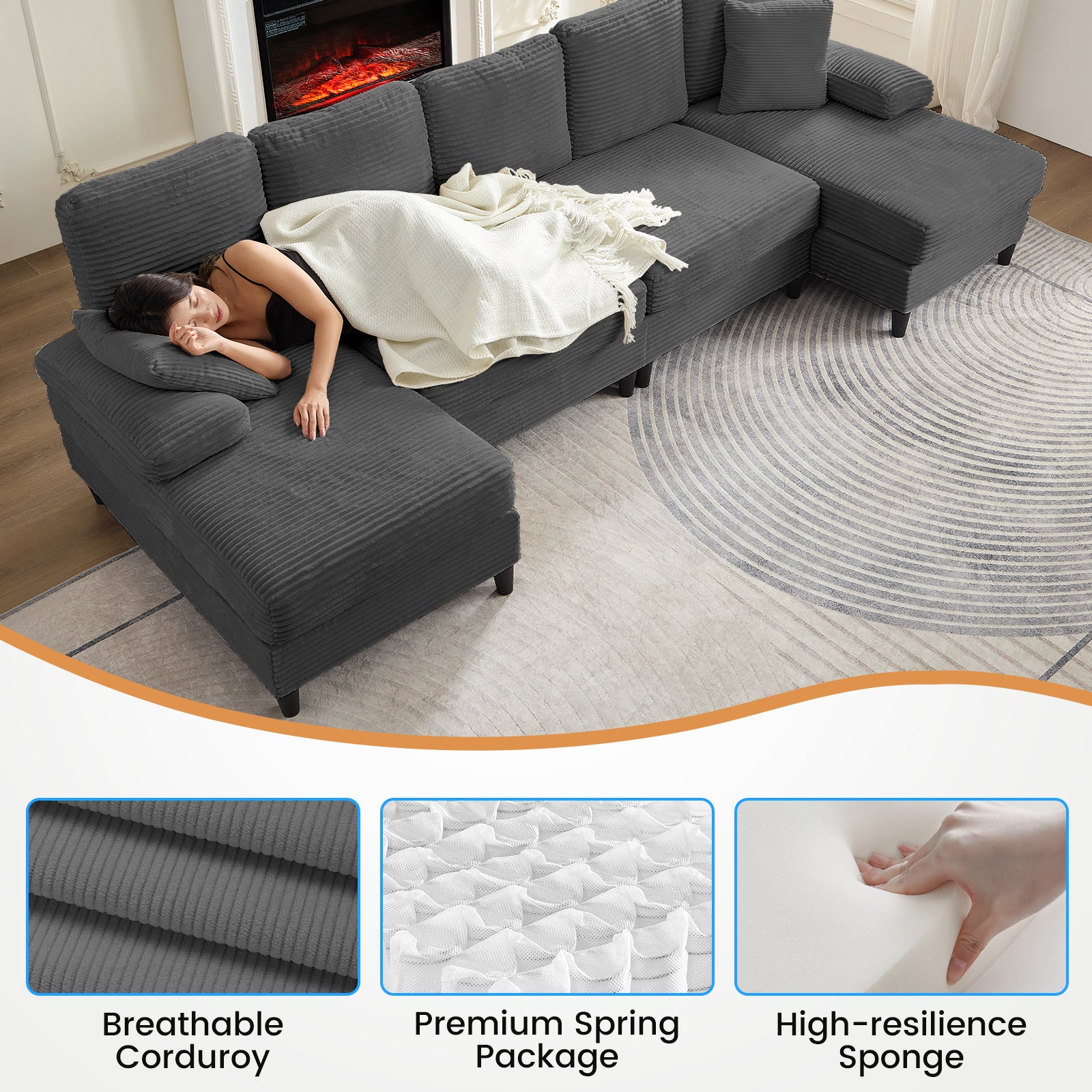 Puremind U-Shaped Sectional Sofa, 112"W Corduroy Couch, 4 Seat Lounge Sleeper Sofa with Double Chaise for Living Room/Apartment