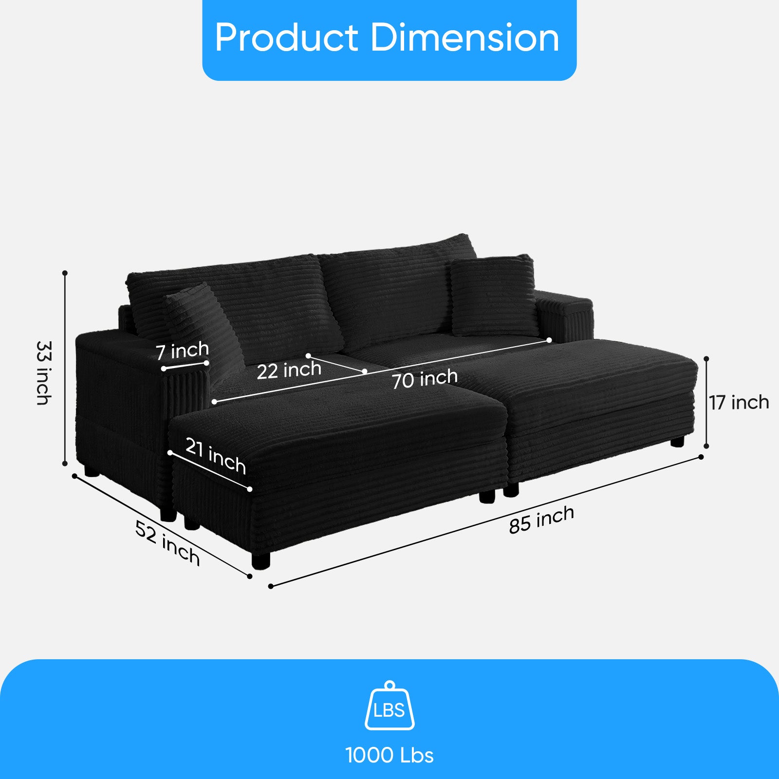 BALUS Oversized Chaise Sofa with Wide Storage Ottoman, Modern Deep Seat Sofa Bed for Living room/ Bedroom, Comfy Apartment Sleeper Sofa, Corduroy