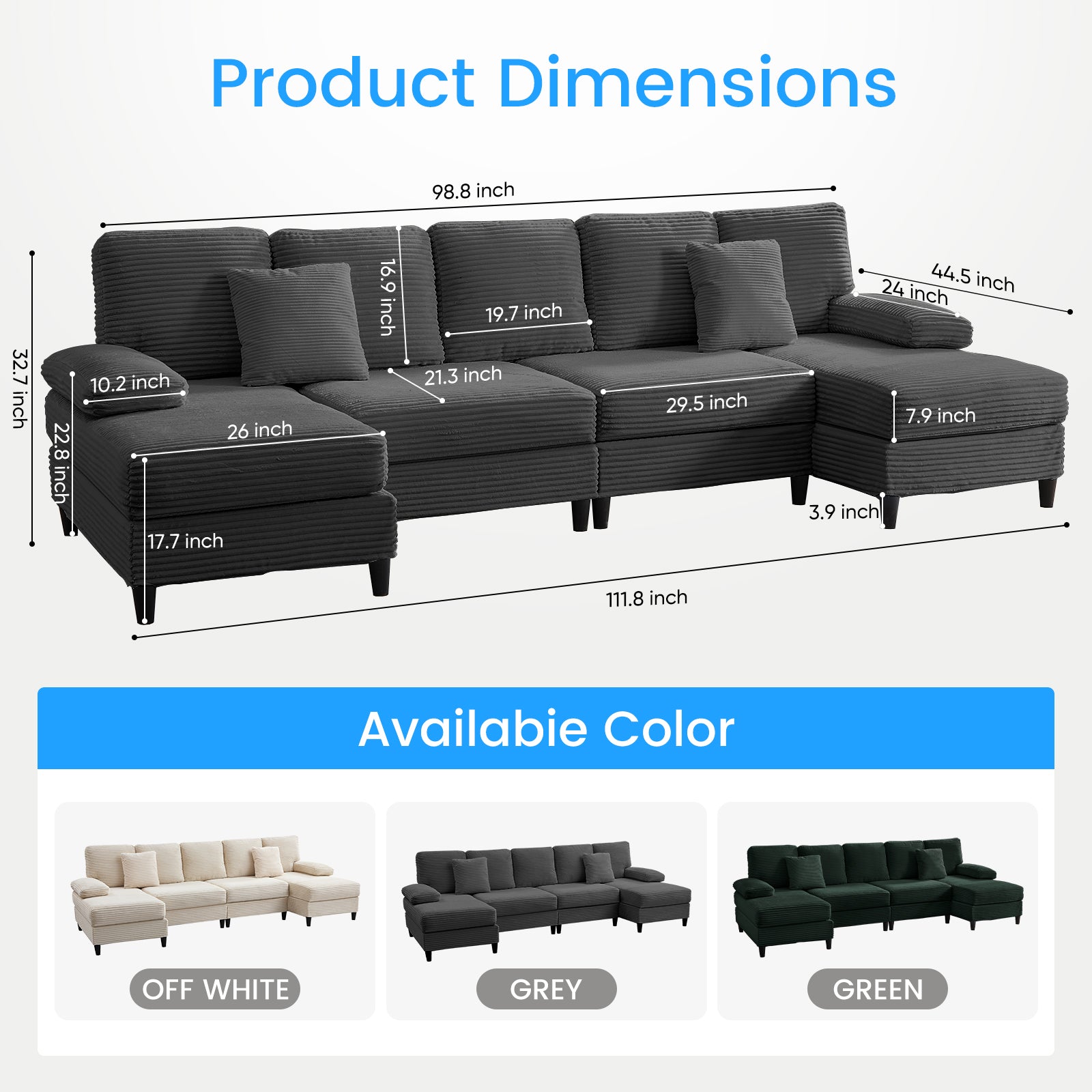 Puremind U-Shaped Sectional Sofa, 112"W Corduroy Couch, 4 Seat Lounge Sleeper Sofa with Double Chaise for Living Room/Apartment
