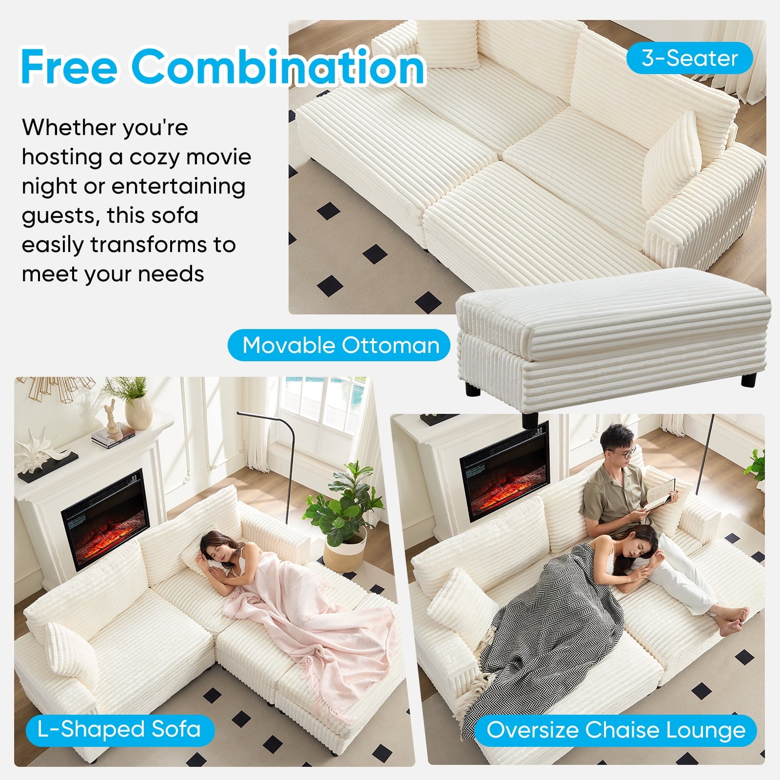 Mjkone 85’’ Loveseat Sectional Sofa with 2 Ottoman,Corduroy Deep Seat Couch with Storage Armrests Living Room Furniture,
