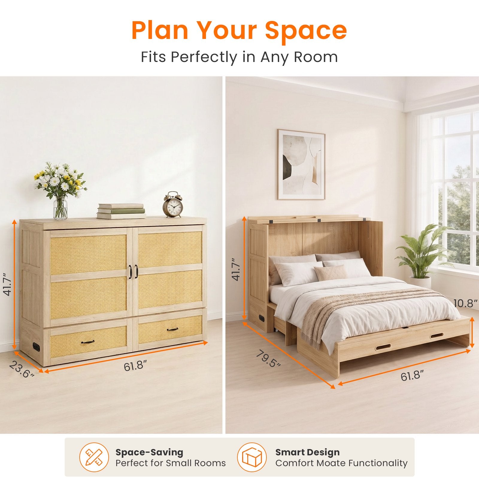 Mjkone Murphy Bed Queen with Mattress,Murphy Cabinet Bed with Rattan Panel and Charging Station,Multifunctional Storage Cabinet Bed for Bedroom