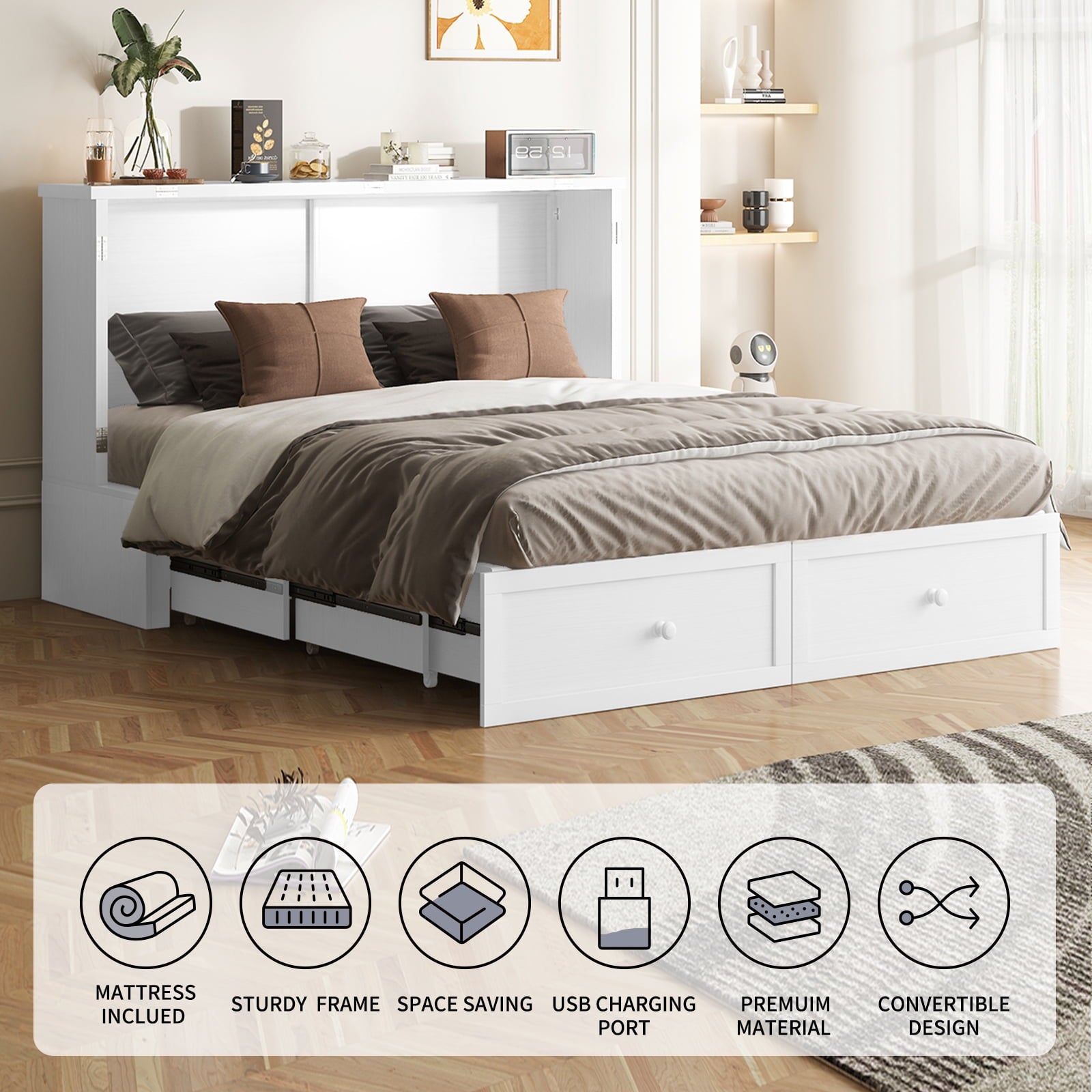 ZAFLY Murphy Bed with Trifold Foam Mattress, Cabinet Bed with Charging Station, Queen Size Cabinet Chest Bed with Large Drawers for Living Room/Bedroom