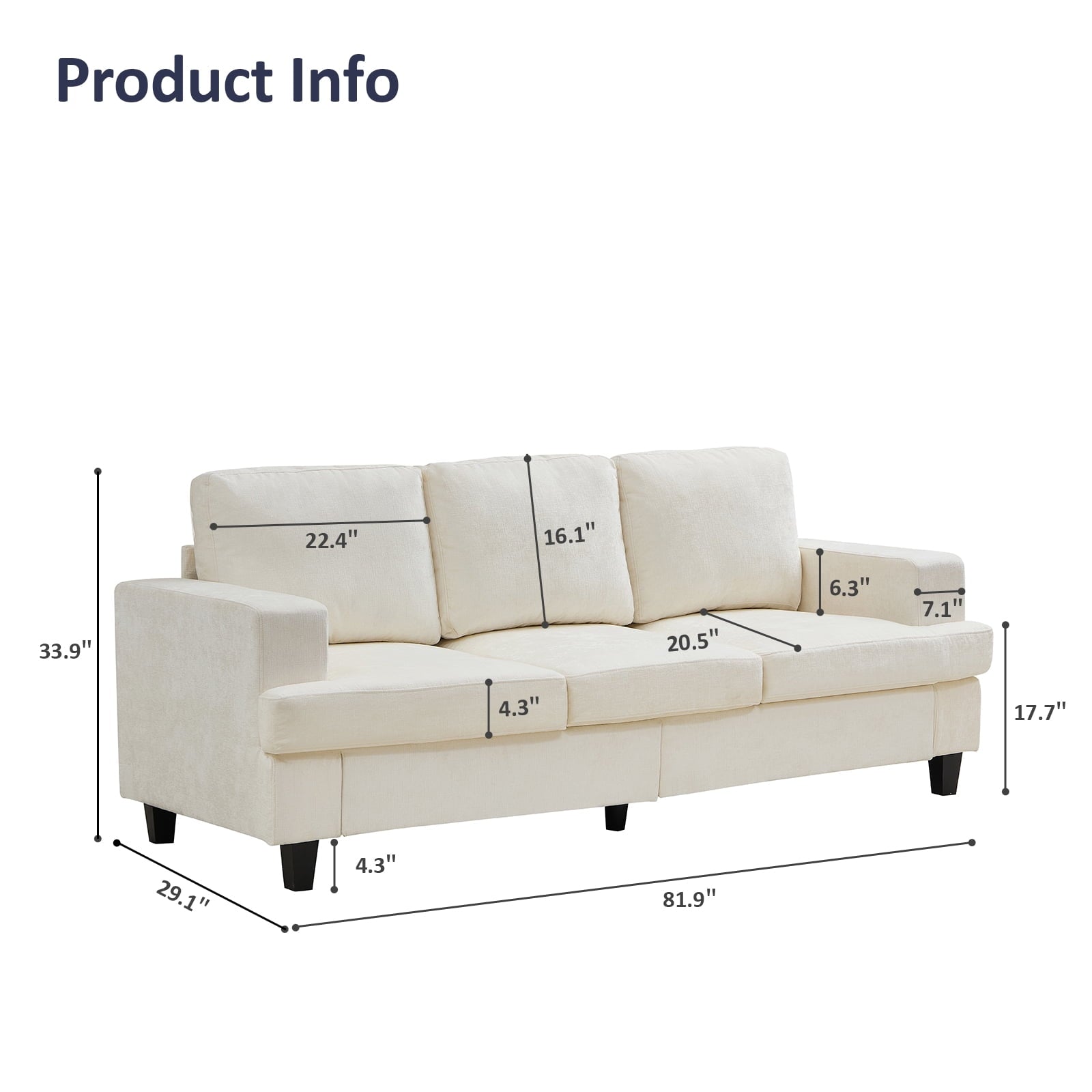 ZAFLY 82” Deep Seat Couch with Wide Armrest, Oversized Sofas and Couches for Small Space/Living Room