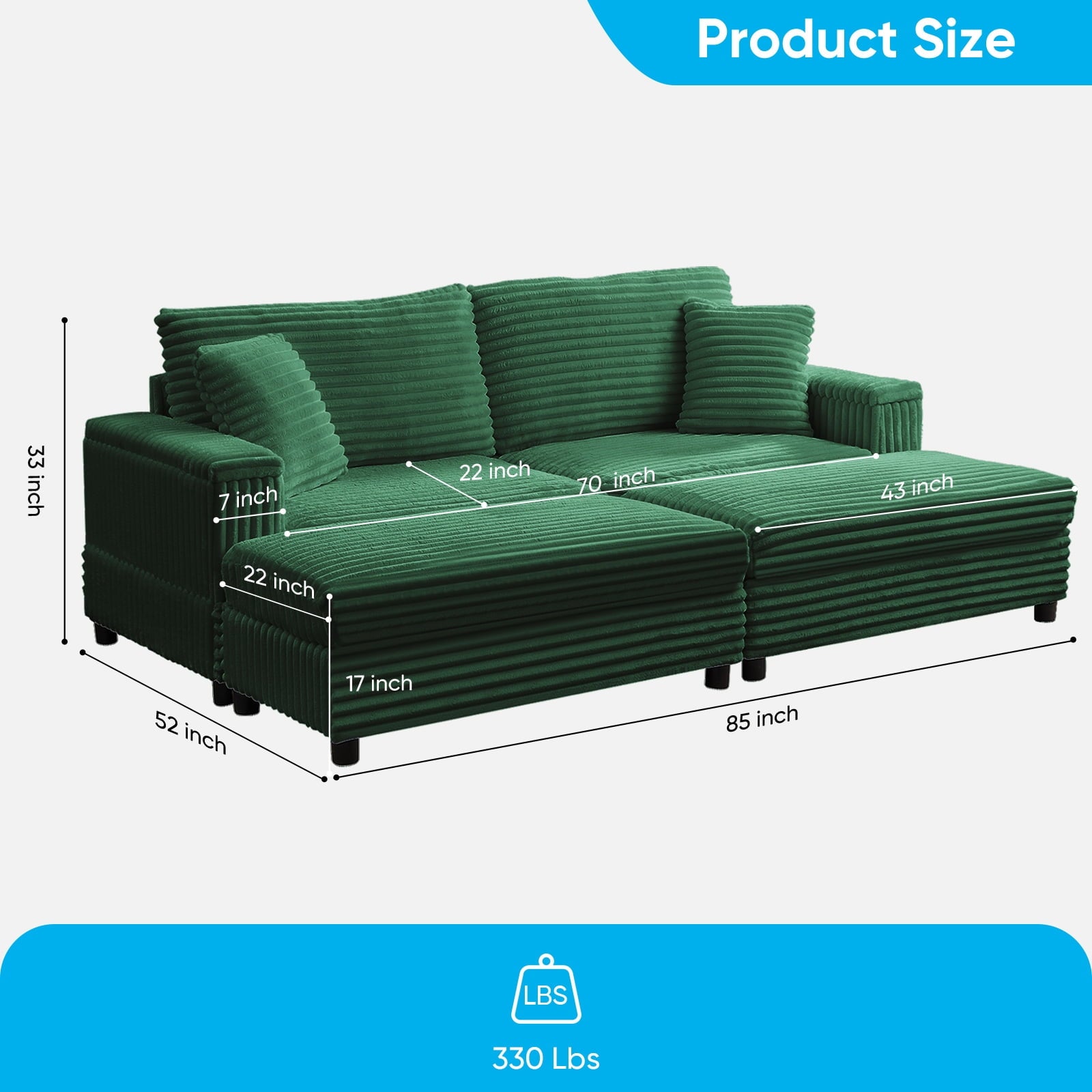 Mjkone 85’’ Loveseat Sectional Sofa with 2 Ottoman,Corduroy Deep Seat Couch with Storage Armrests Living Room Furniture,
