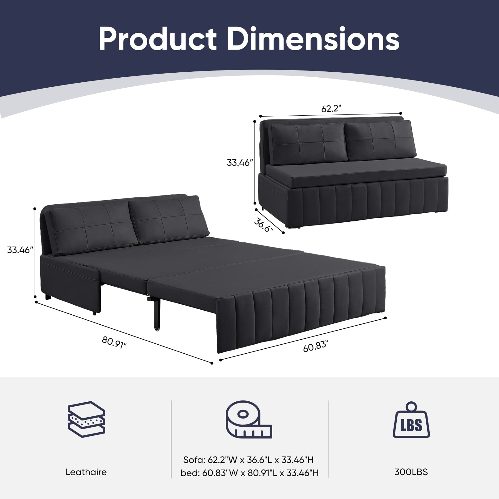 Mjkone 62’’ Leathaire Pull Out Sofa Bed, Loveseat Convertible Sleeper Sofa for Small Living Room/Apartment,